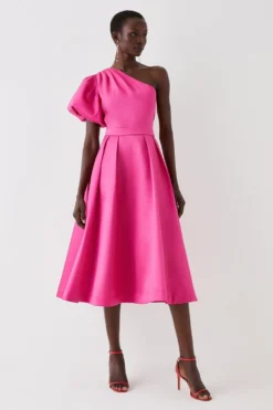 Coast One Shoulder Puff Sleeve Twill Midi Dress