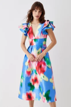 Coast Frill Shoulder Plunge Twill Dress -Coast Sales Store bcc05829 blue xl 2