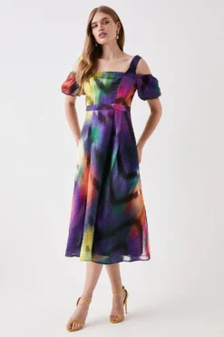 Coast Georgette Jacquard Puff Sleeve Midi Dress