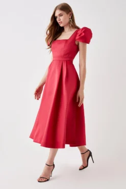 Coast Seamed Bodice Pleated Puff Sleeve Midi Dress