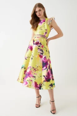 Coast Mesh Insert Frill Shoulder Twill Midi Dress