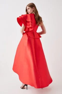 Coast Dip Hem Ruffle Shoulder Twill Full Midi Dress -Coast Sales Store bcc05969 red xl 2