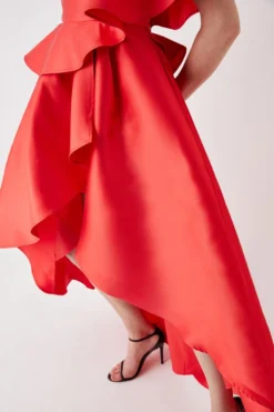 Coast Dip Hem Ruffle Shoulder Twill Full Midi Dress -Coast Sales Store bcc05969 red xl 3