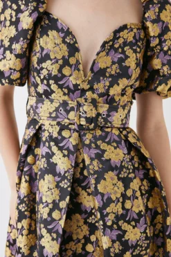 Coast Floral Jacquard Puff Sleeve Dress -Coast Sales Store bcc06021 black xl 2